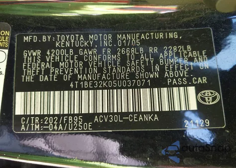 2005 Toyota Camry Le из США, поврежденный, VIN 4T1BE32K05U037071